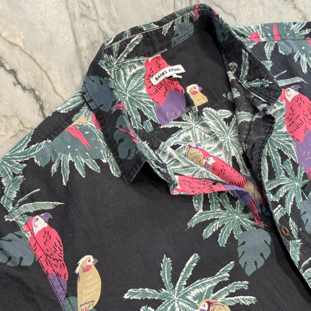 Men's Black Tropical Print Casual Button Down Shirt